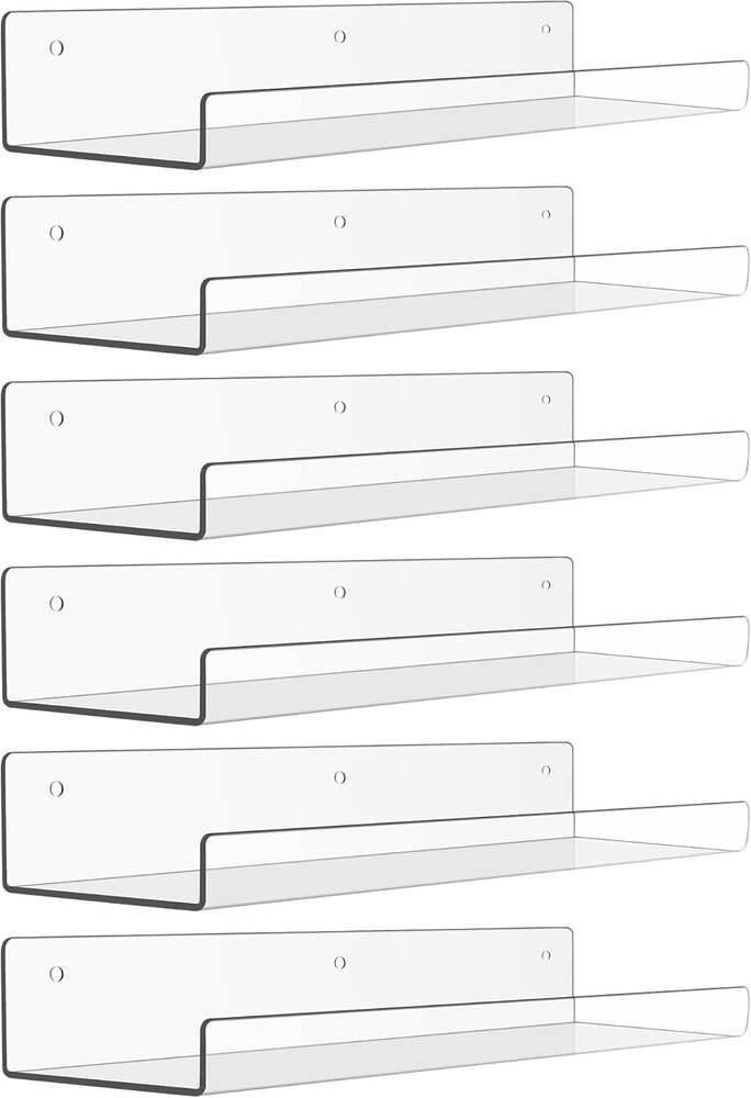 6 Pack Clear Acrylic Floating Shelves 15x4 Inch for Wall Storage and Books