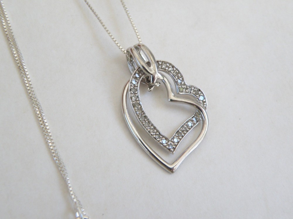 Vintage Sterling Silver Double Heart Diamond Pendant Necklace 18 Inch Chain