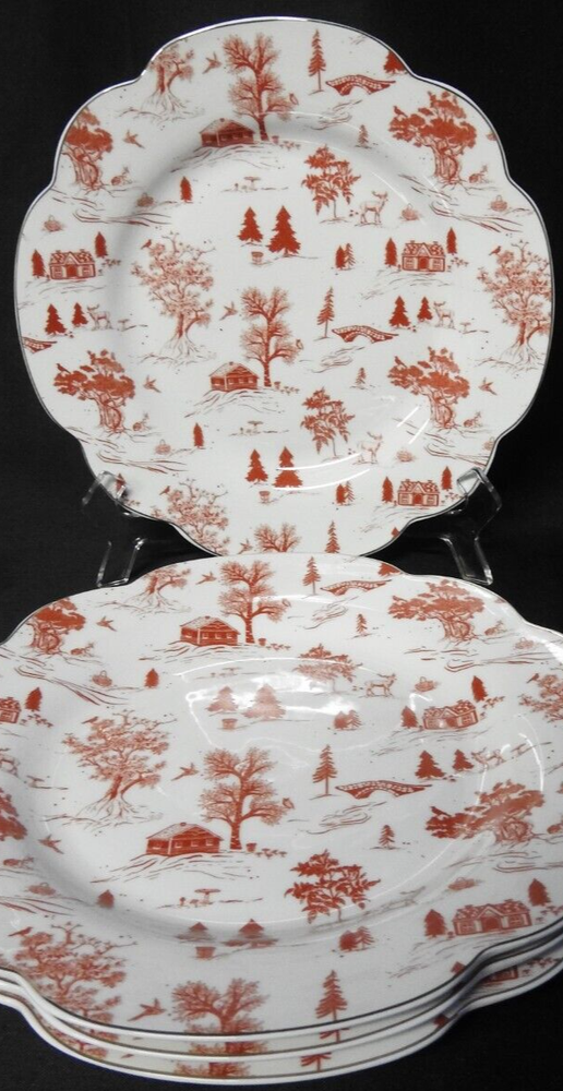 4 Grace Teaware  Porcelain Holiday Red Winter Village Toile   Plates 9