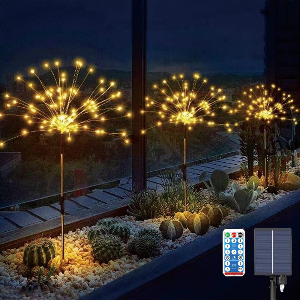 Upgraded 3 Pack Solar Path Lights with Remote 120 LED Solar Firework Lights for Garden  