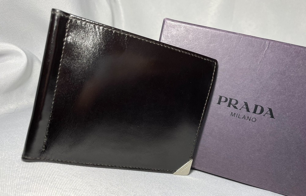 Prada Black Leather Money Clip with Silver Logo - Stylish Billfold Wallet Gift