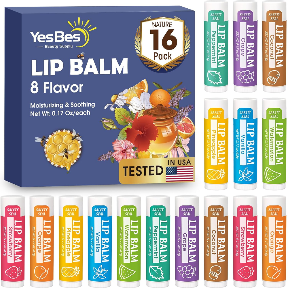 16 Pack Vitamin E & Coconut Oil Lip Balm in 8 Natural Flavors