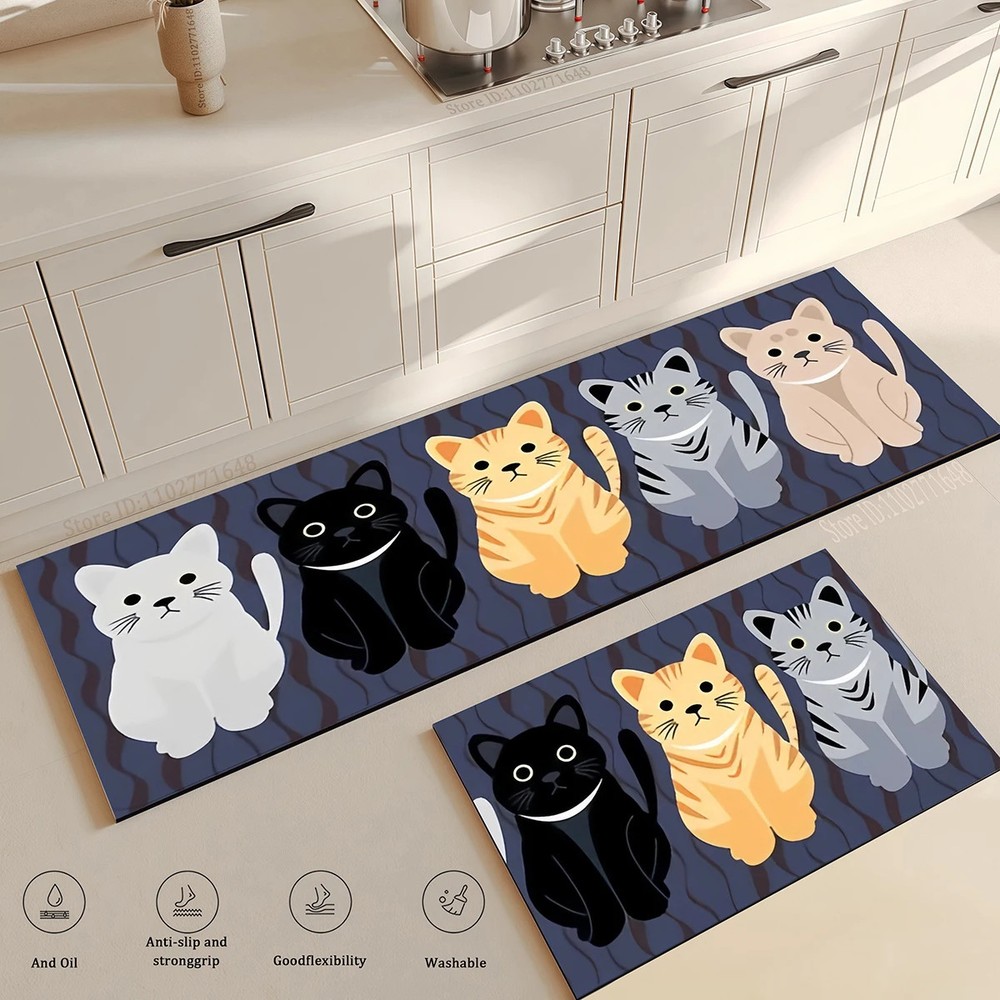 Non-slip Cat Print Kitchen Rug for Bedroom or Living Room Decor  