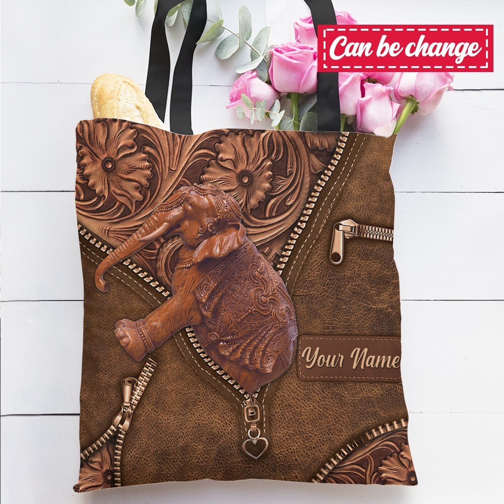 Custom Wood Elephant Tote Bag for Women - Personalized Animal Print Design-image