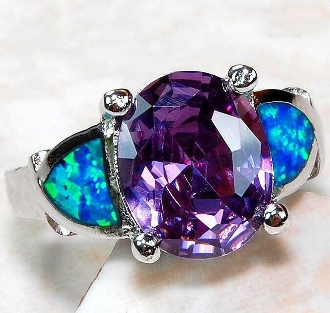 2CT Amethyst & Australian Opal Inlay 925 Solid Sterling Silver Ring Sz 7 BA4