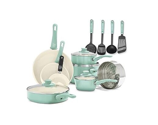 Non-Toxic PFAS-Free Ceramic 16-Piece Cookware Set with Soft Grip in Turquoise