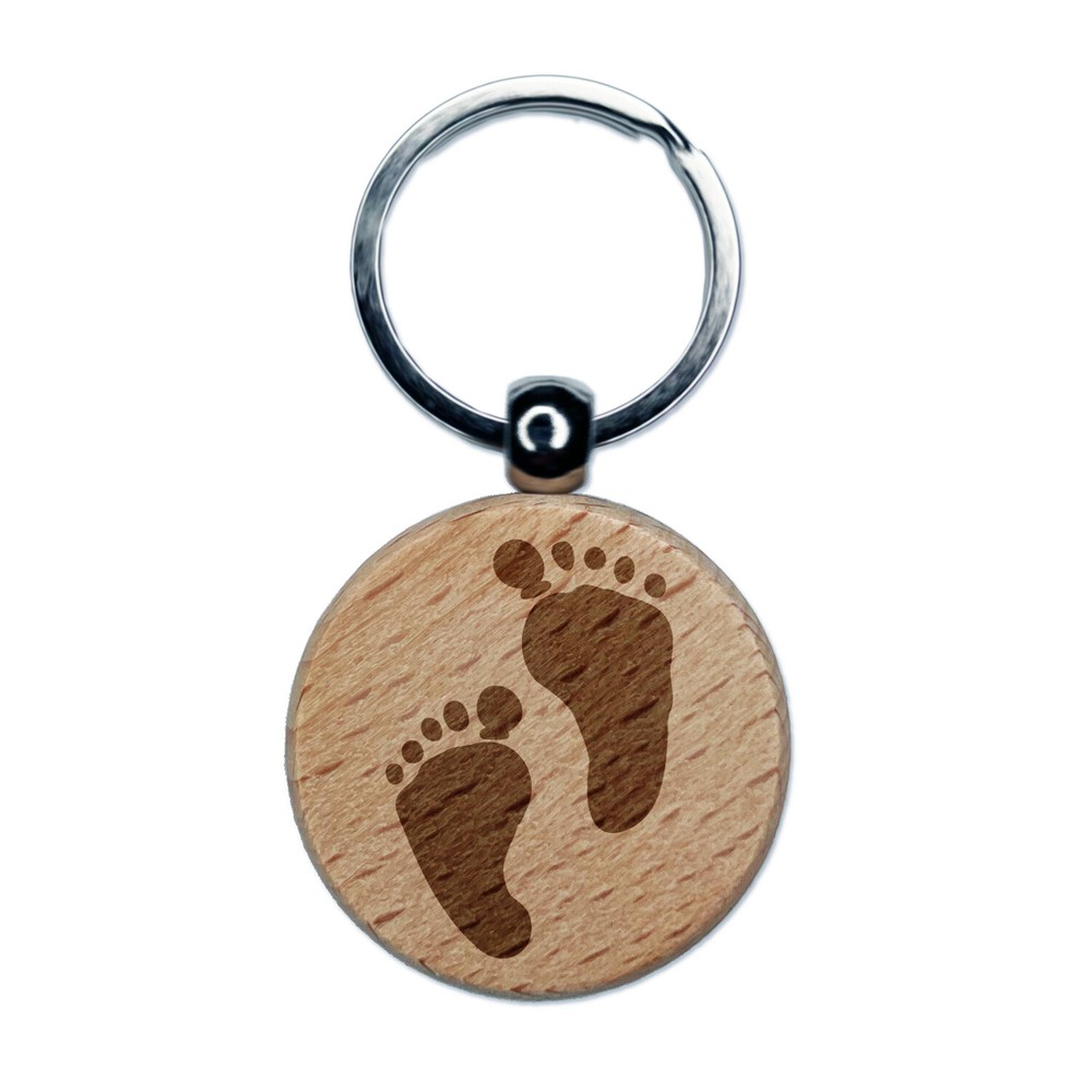 Cute Baby Footprints Silhouette Engraved Wood Round Keychain Tag Charm