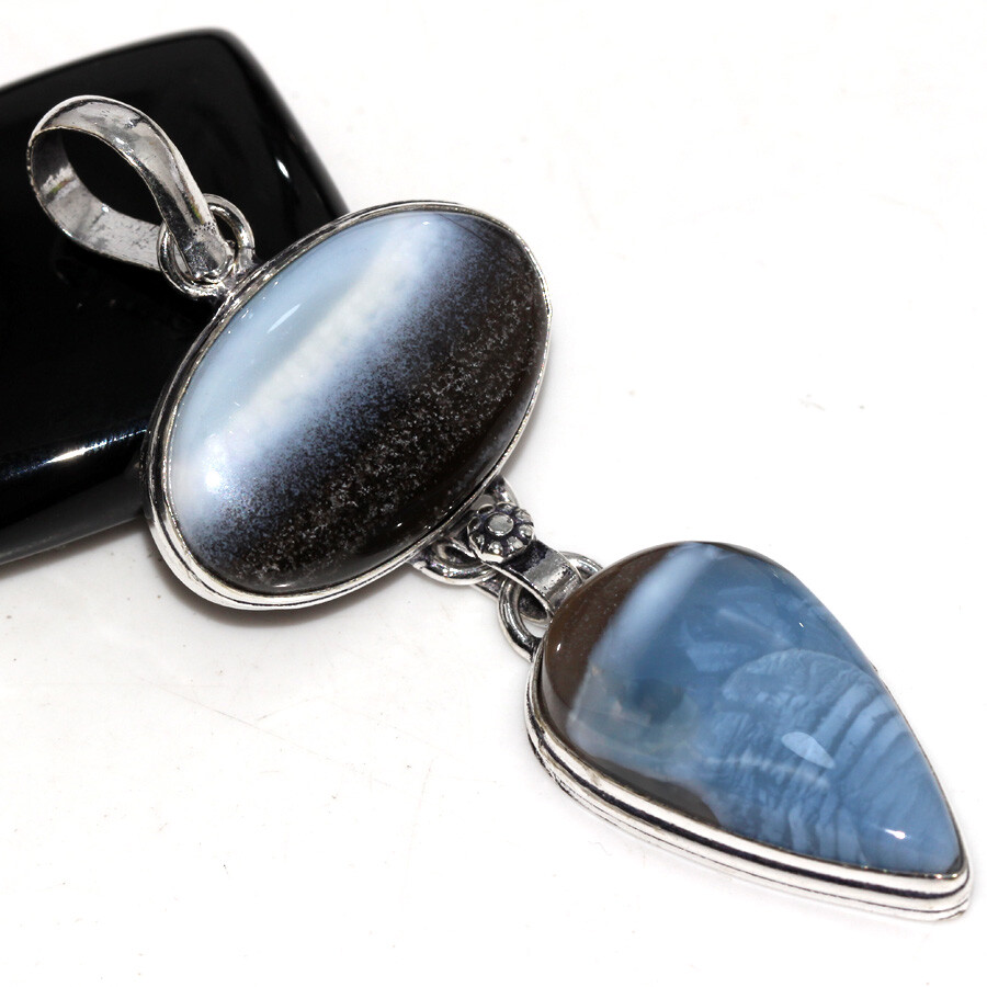 925 Silver Plated Owhyee Blue Opal Ethnic Long Pendant Jewelry Size 2.7