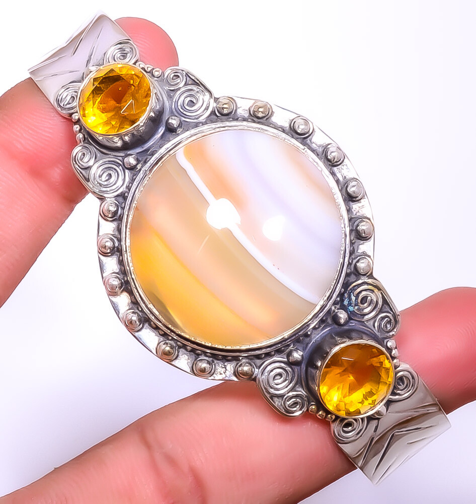 Yellow Banded Agate & Citrine 925 Sterling Silver Bali Cuff Adst. T971 C6176-37