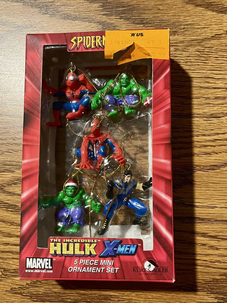 Marvel Spiderman, The Incredible Hulk, X-Men 5-Piece Mini Ornament Set In Box