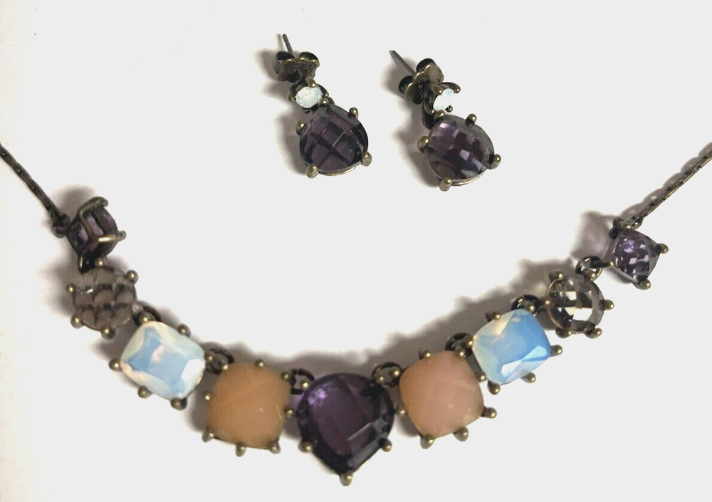 Avon Nina Ricci Purple Lucite and Faux Opal Necklace & Earring Set New
