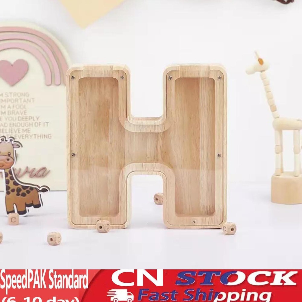 Personalized Wood Piggy Money bank Coin Box Alphabet Storage Tank Kid Gifts Q