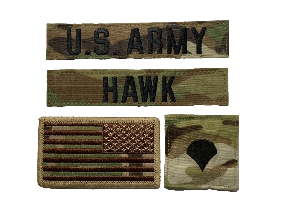 4 US Army Multicam OCP Uniform Klett Name Set Tab Patch SPC HAWK USA Flag
