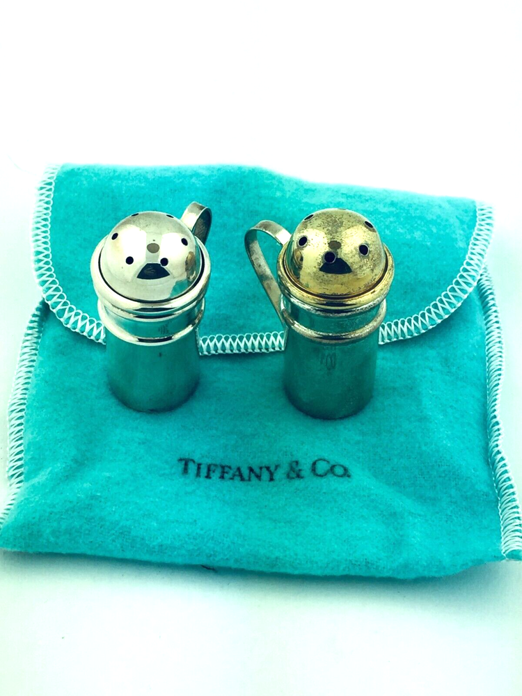Tiffany & Co Sterling Silver Mini Salt & Pepper Shakers w/Vermeil Salt Tops