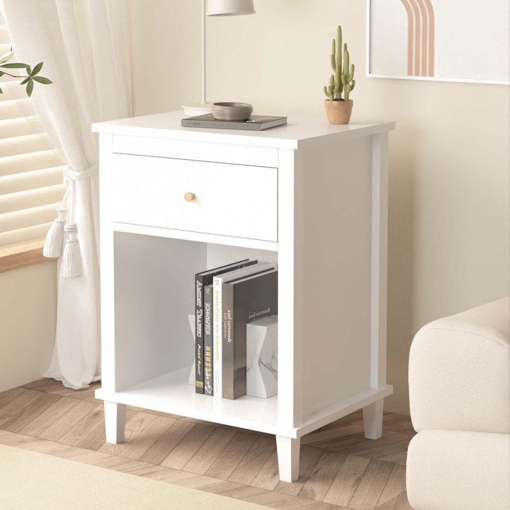 26.77 Inch Wooden Nightstand with Drawer and Shelf for Bedroom Storage