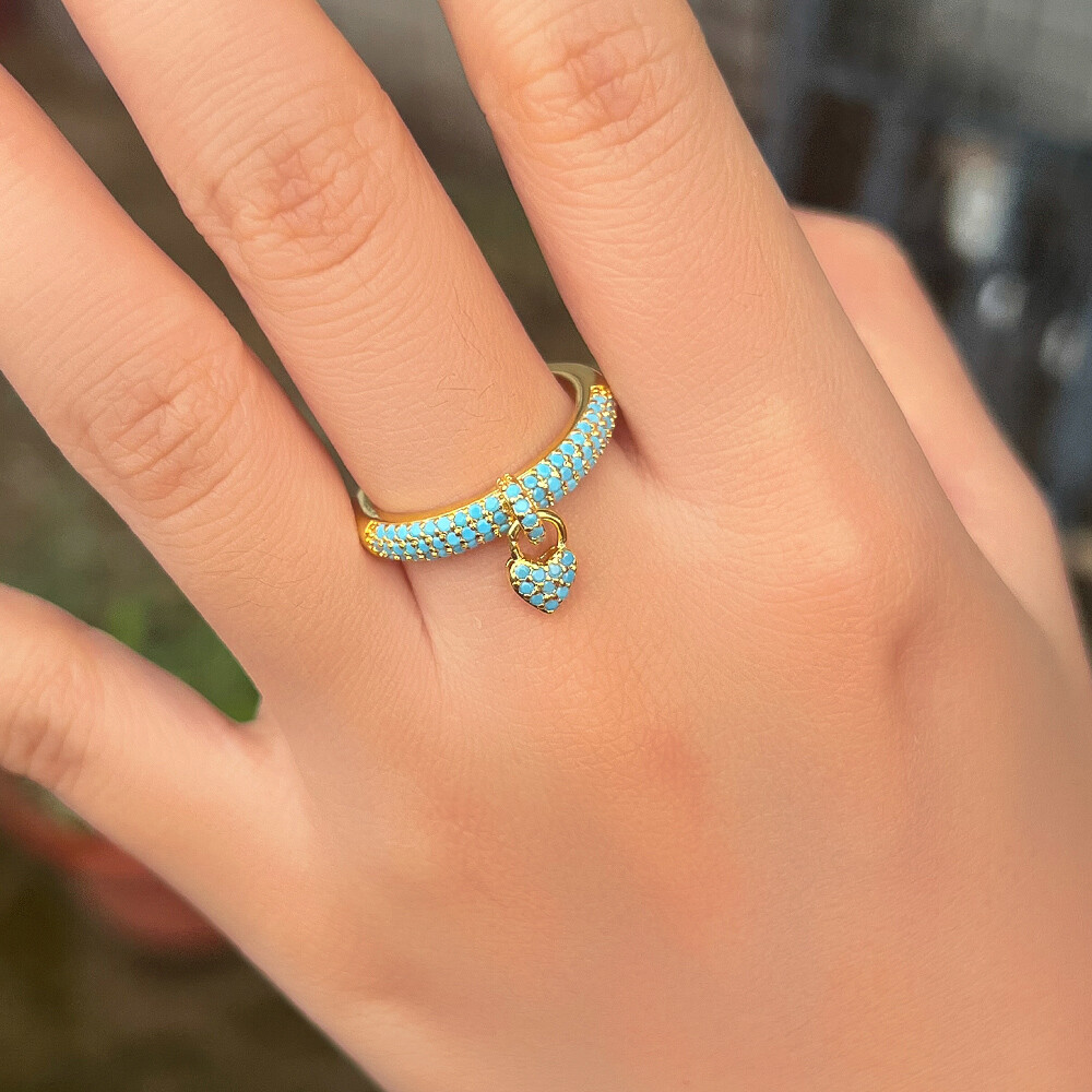 Women Chic Gold Plated Zirconia Heart Dangle Charm Blue Turquoise Open Cuff Ring