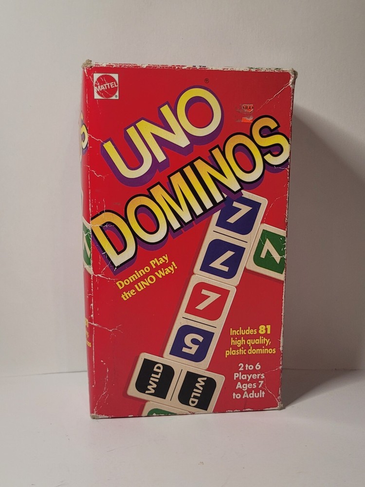 Uno Dominos Mattel 1995 Open Box Includes 81 Domino Pieces and 6 Tile Holders