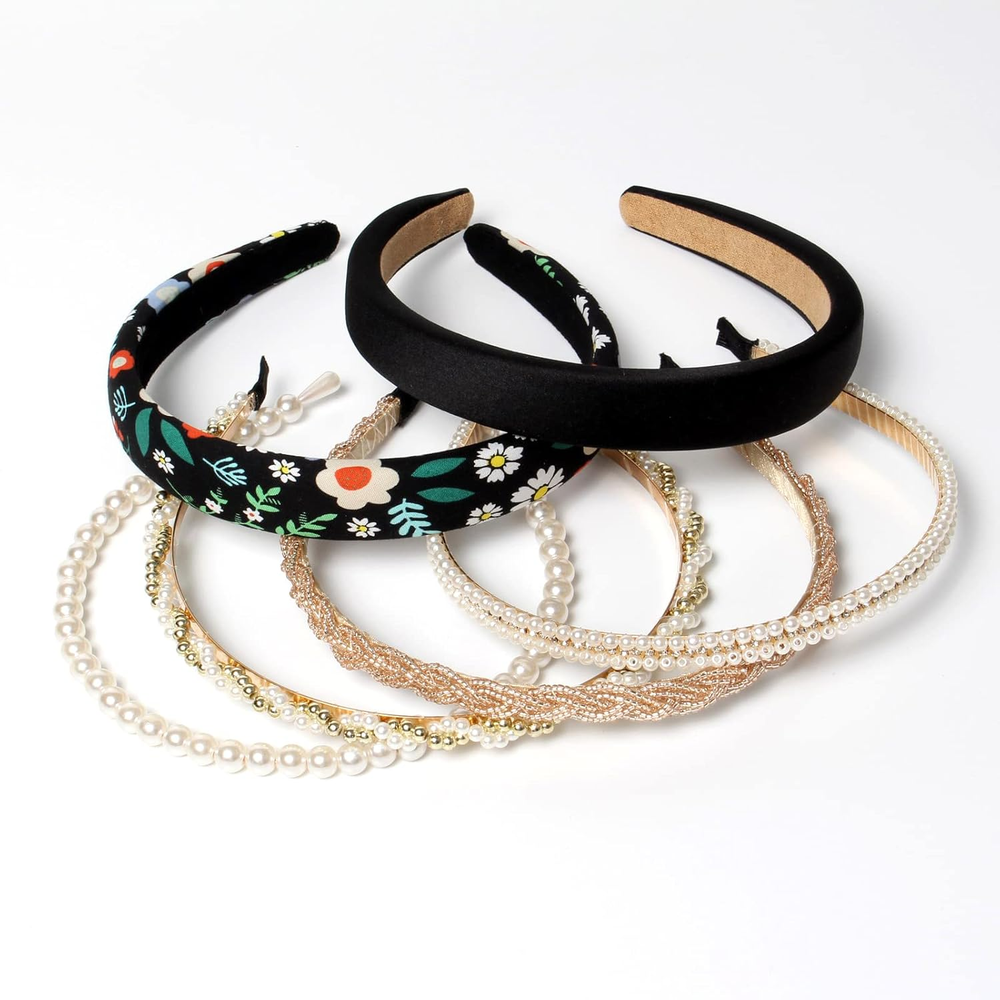6PK Women’s Black Beaded Pearl Headbands with Gold Accents | Padded Hair Accessories