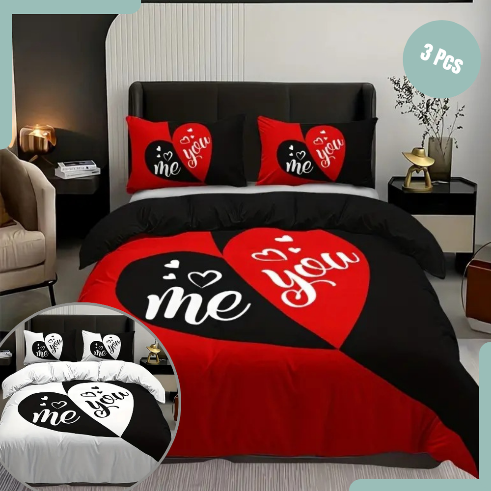 3 Piece Cover Duvet Set - Romantic Red & Black Heart - Soft & Breathable Bedding