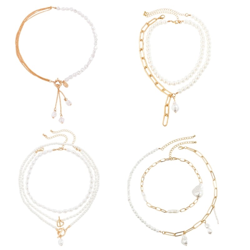 Geometric Necklace for Women Long Tassels Pearls Pendant Neckchain Accessory