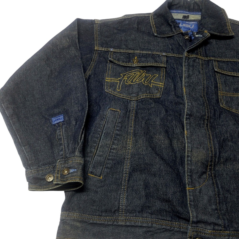Fubu Denim Jacket Trucker Streetwear Skater Hip Hop 90s Y2k Embriodered Spellout