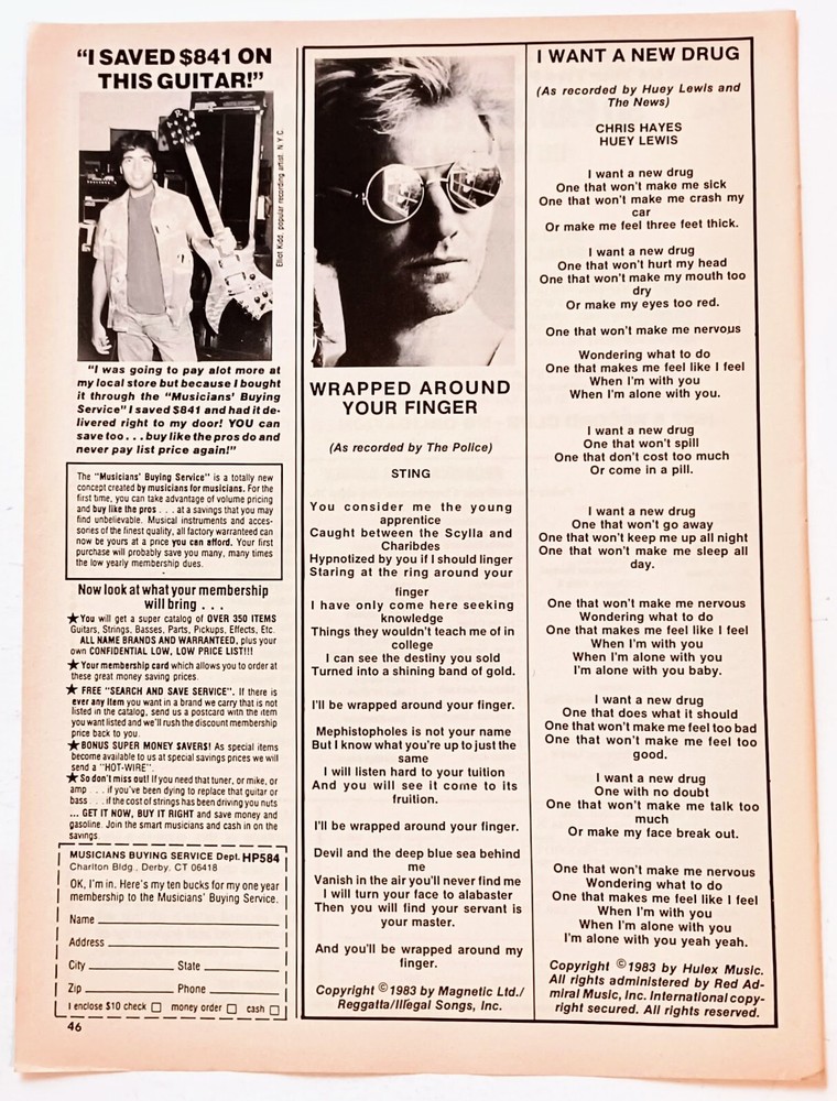 THE POLICE~WRAPPED AROUND YOUR FINGER LYRICS~1984 POSTER~MAGAZINE PINUP CLIPPING