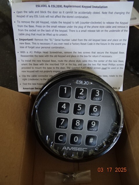 Amsec ESL 20 Secure Electronic Keypad Lock Brand New  