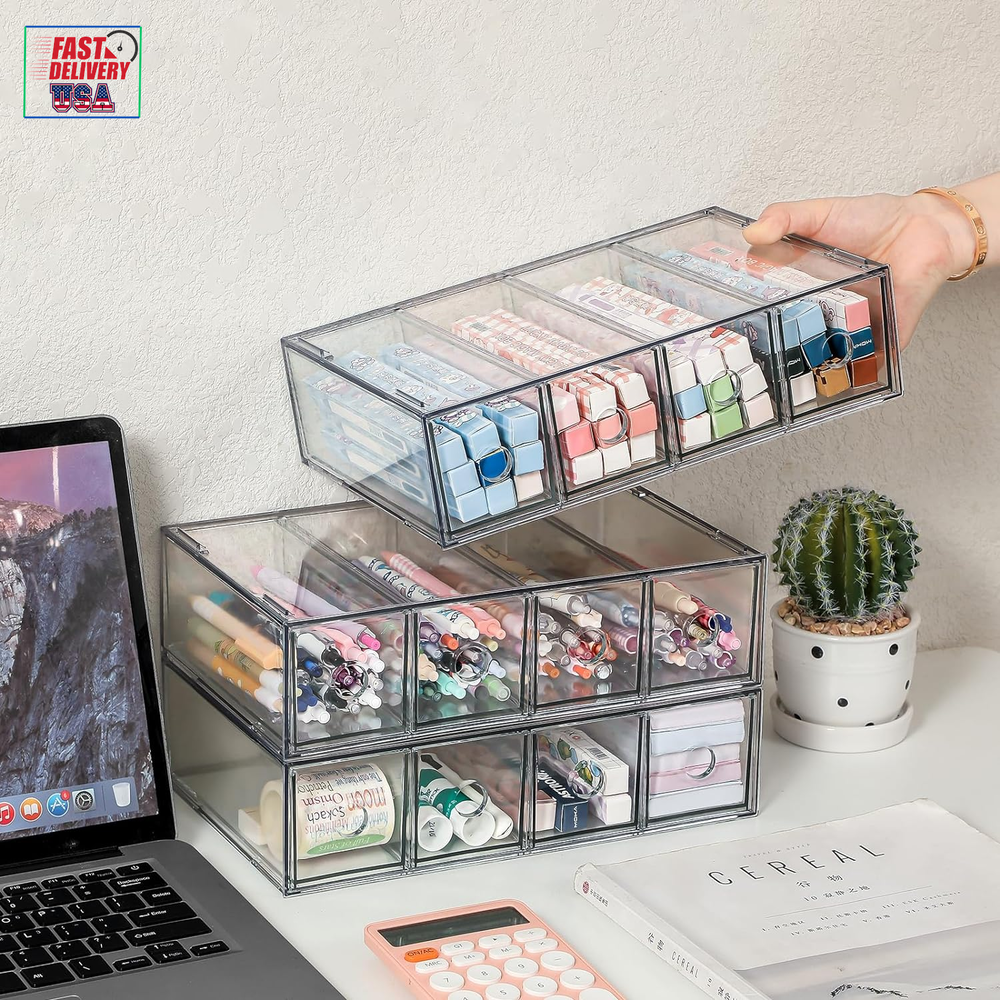 3-Pack Stackable Acrylic Storage Drawers, Desk Organizer Transparent Cosmetic St