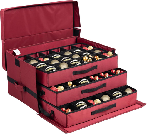 72-Compartment Ornament Storage Box with Trays for 4-Inch Decorations in Red