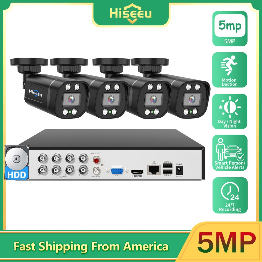 Hiseeu 8CH 5MP HD Outdoor Night Vision CCTV DVR Security Camera System with 1TB HDD