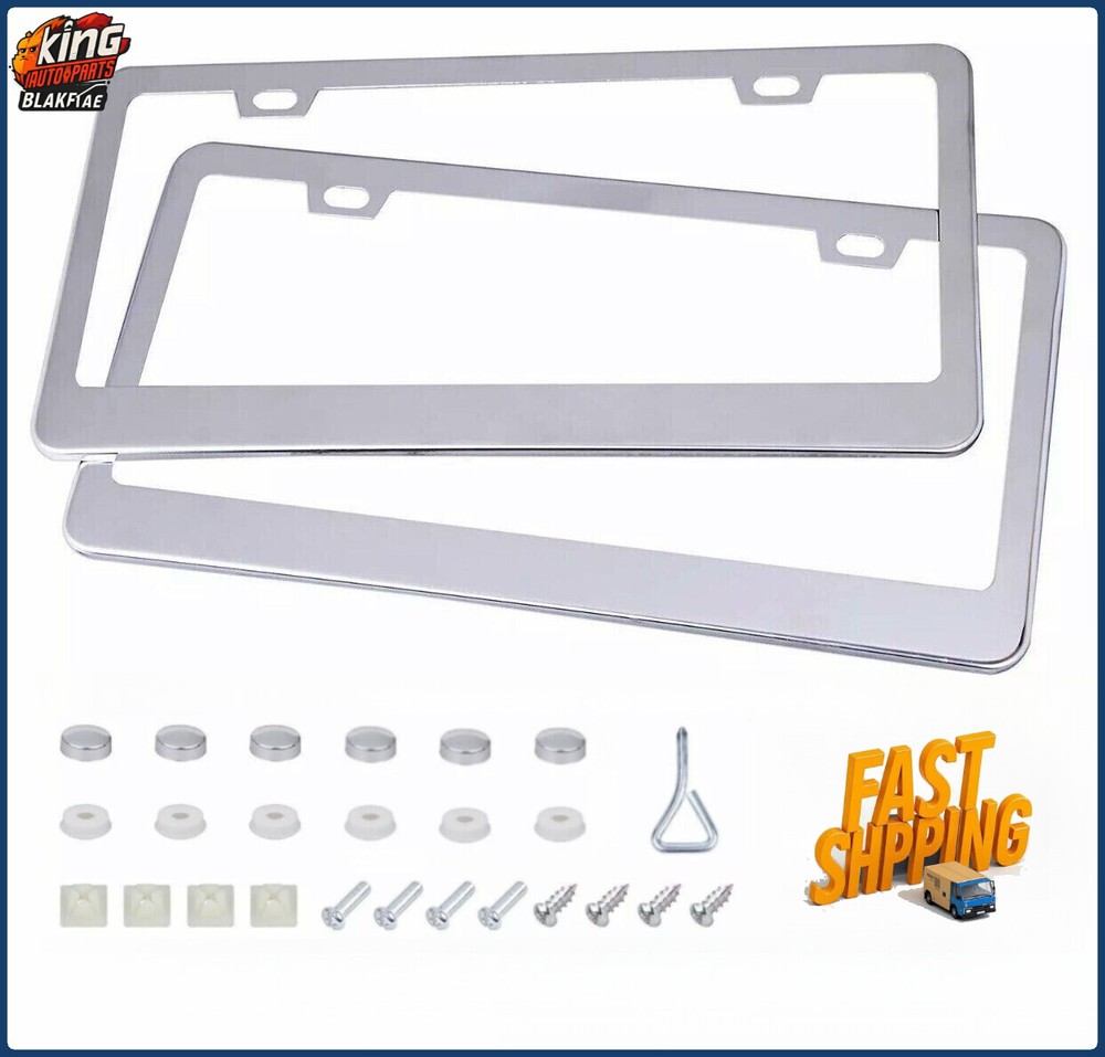 2PCS Chrome Stainless Steel License Plate Frame with Screw Caps