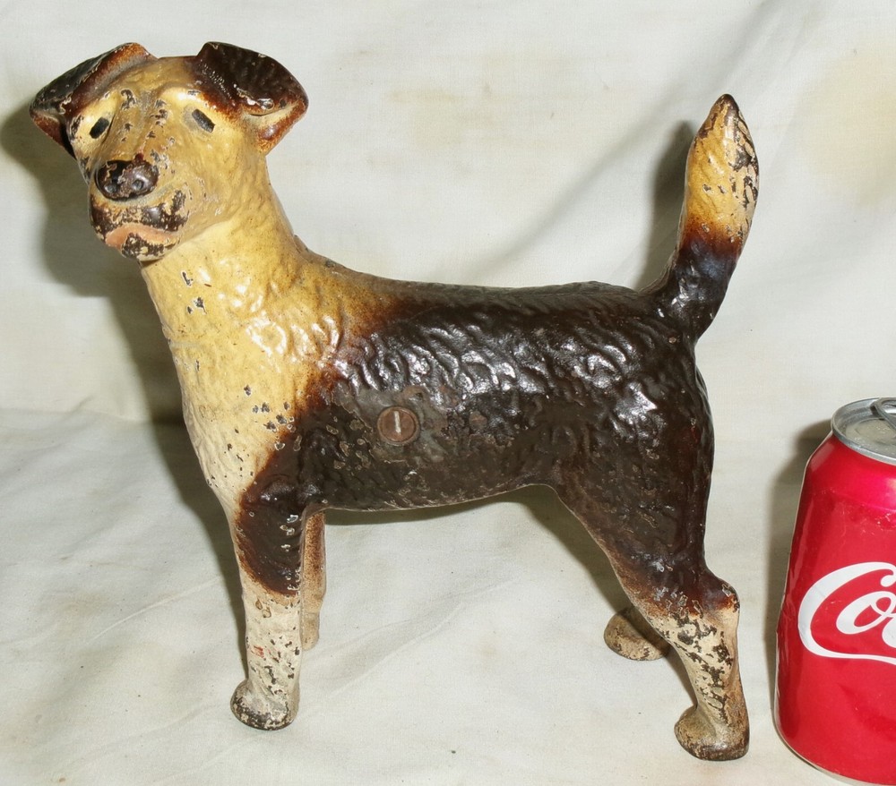 X RARE LEFT FACING ANTIQUE HUBLEY CAST IRON WIRE HAIRED FOX TERRIER DOG DOORSTOP