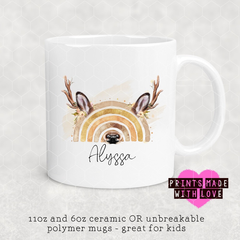 Woodland Reindeer Mug Christmas Mug Rainbow Nam Personalised Mug Kids Mug Childs