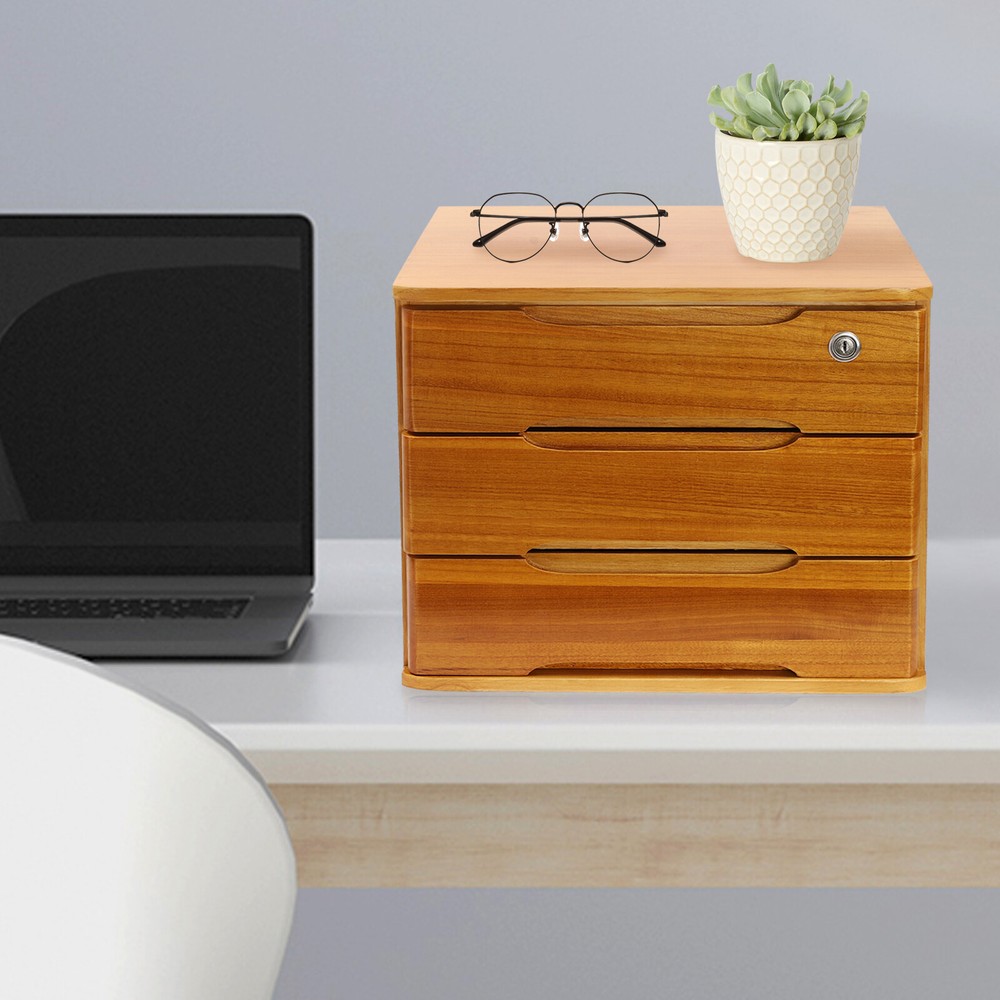 17.72 in Wood Yellow Rectangle 3-Tier Desktop Storage Box with Lockable Drawers