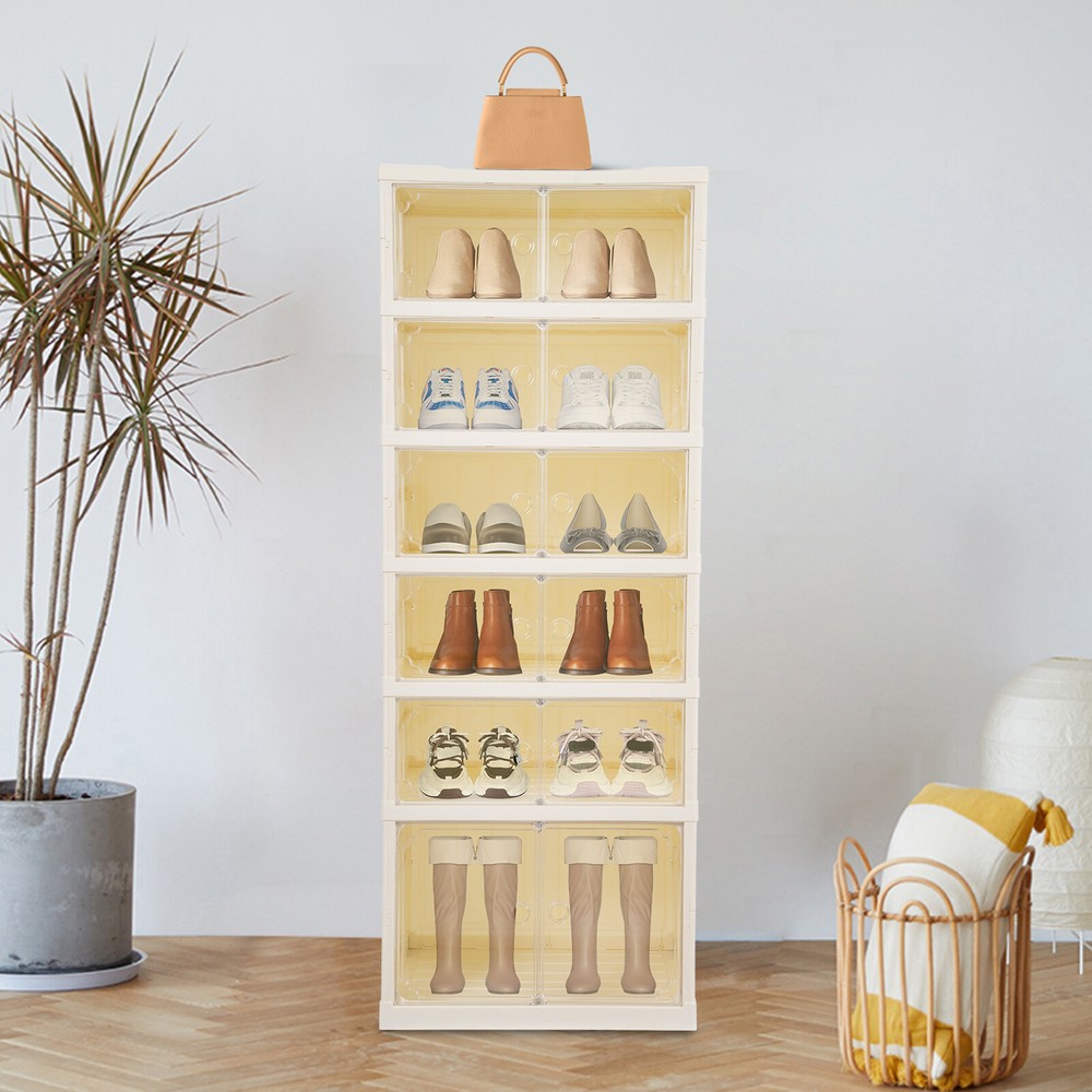 6-Tier Foldable Shoe Rack Organizer with Doors Holds 12 Pairs