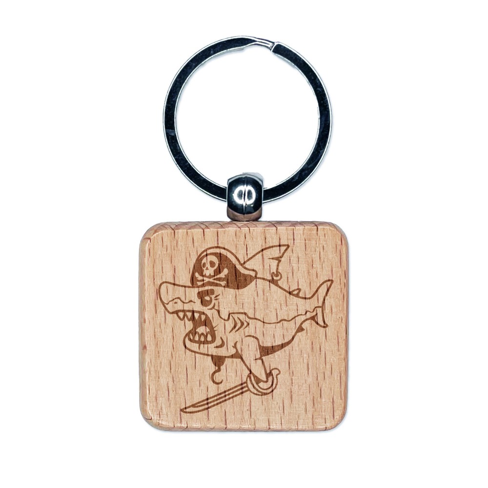 Pirate Shark with Hook and Sword Engraved Wood Square Keychain Tag Charm