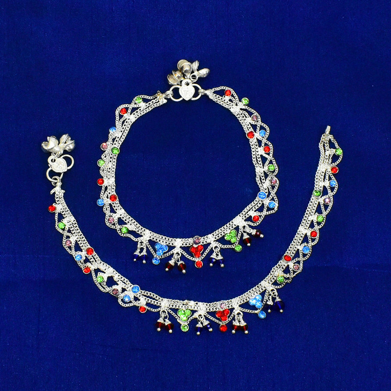 Anklet Bracelets Multicolor Glass Stones Stylish Fashion Accessory Silver Payal