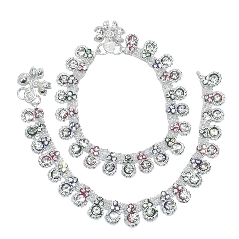 Anklet Payal Silver Plated Mulicolor Stone Stylish Ankle Bracelet Barefoot Chain-image