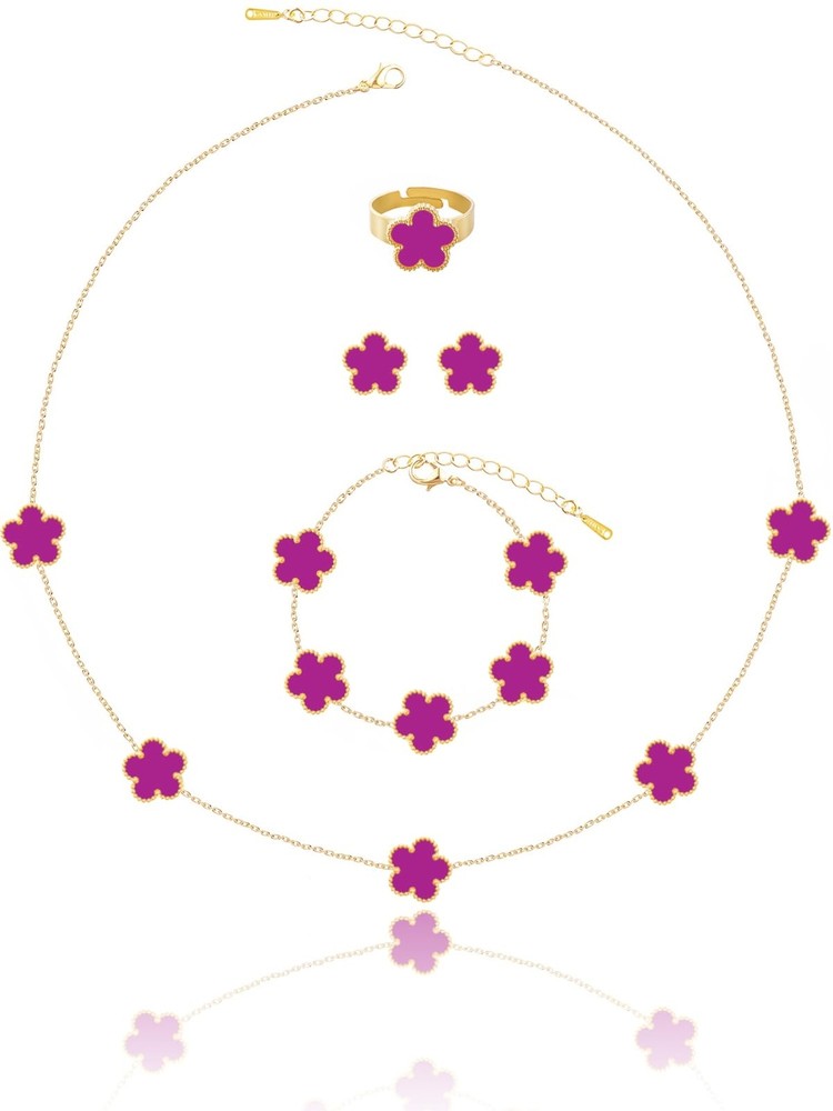 Gold Plated Five Leaf Clover Jewelry Set with Necklace Bracelet Rings and Earrings