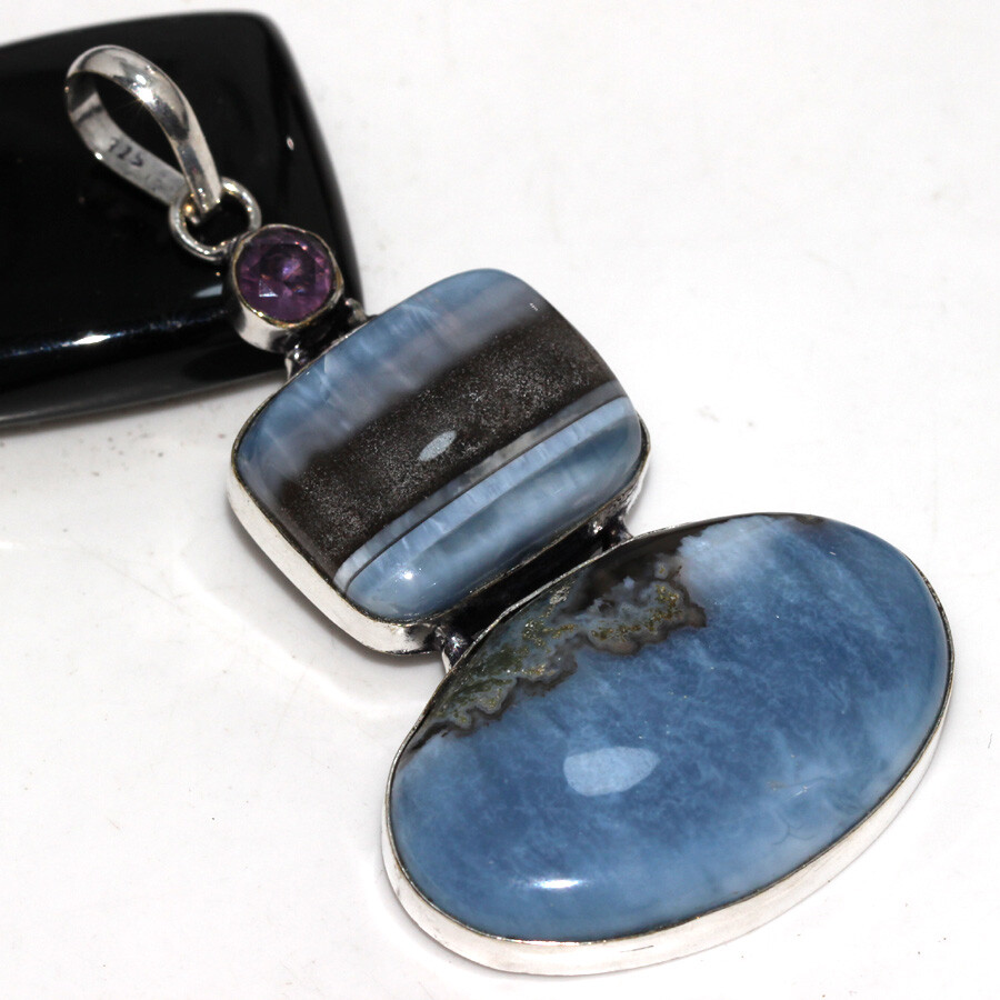 925 Silver Plated Owhyee Blue Opal Amethyst Long Pendant Jewelry Size 2.7