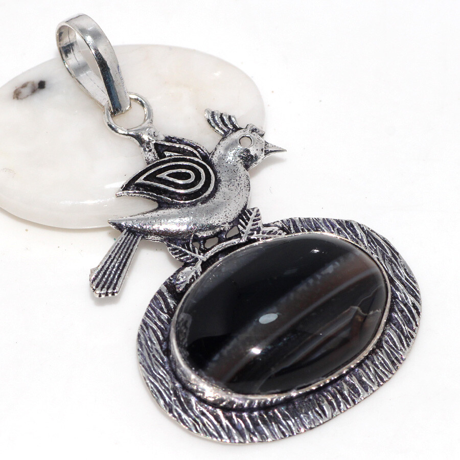925 Silver Plated-Banded Black Onyx Ethnic Sparrow Pendant Jewelry 2