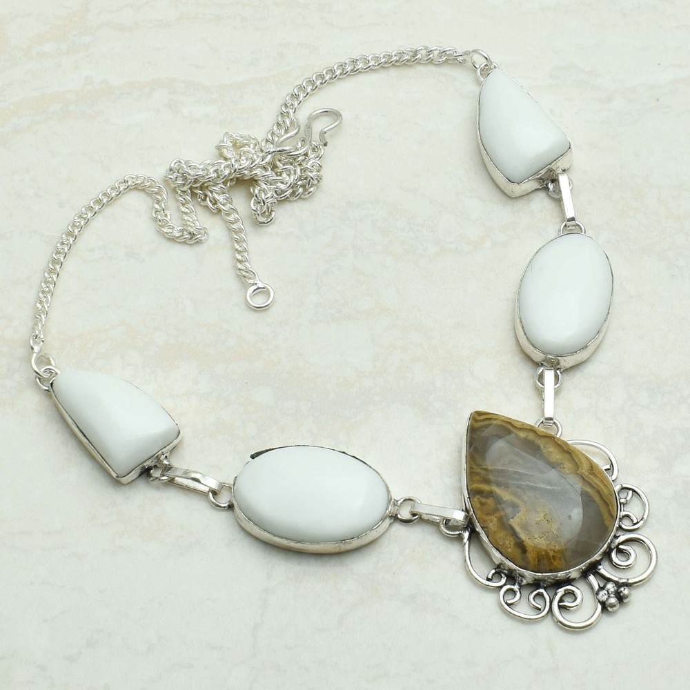 Yellow Moss Agate White Opal Gemstone Handmade Necklace Jewelry 33 Gms AN 52896