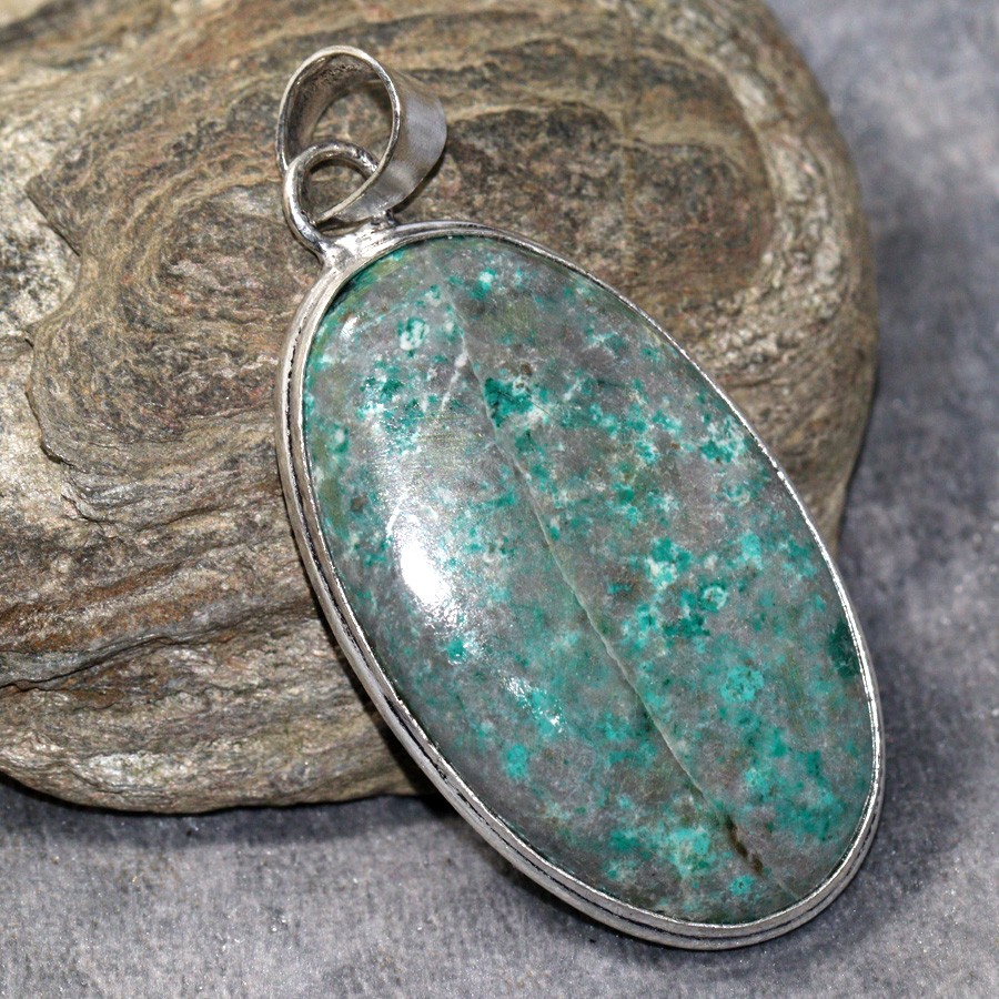 Chrysocolla 925 Silver Plated Gemstone Pendant 2.1 Inch Aesthetic Jewelry JW