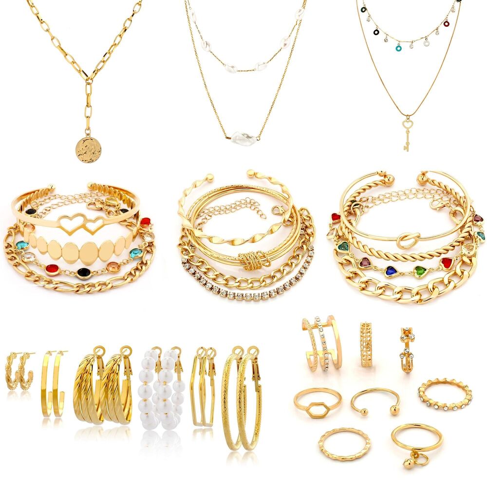 Gold Chain Bracelets Sets and 3 Pcs Gold Chain Necklace 6Pair Earrings 10 Pcs...