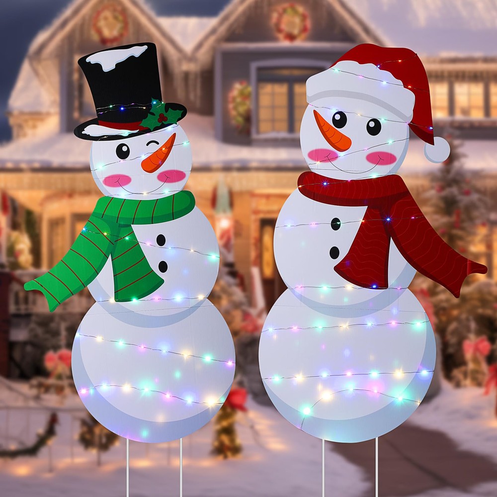 Barydat 2 Pcs 35 Inch Christmas Snowman Yard Sign with LED Lights for Xmas Outdoor Decor