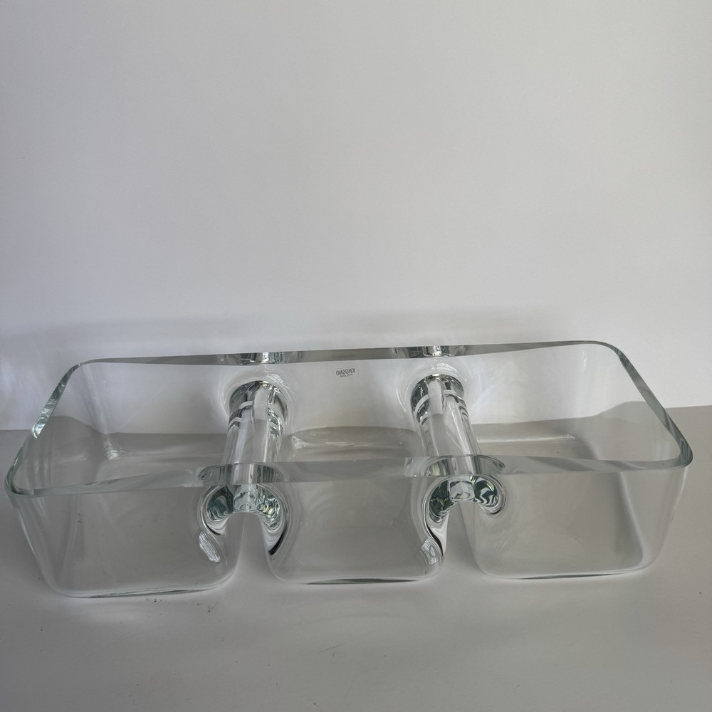 Krosno Poland Clear Art Glass Rectangular Divided Candy Nut Relish Dish Bowl