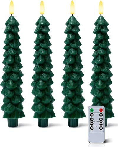 4 Pack Christmas Tree Candles with Remote, 9.65 Inch Real Wax 4 Pack Evergreen