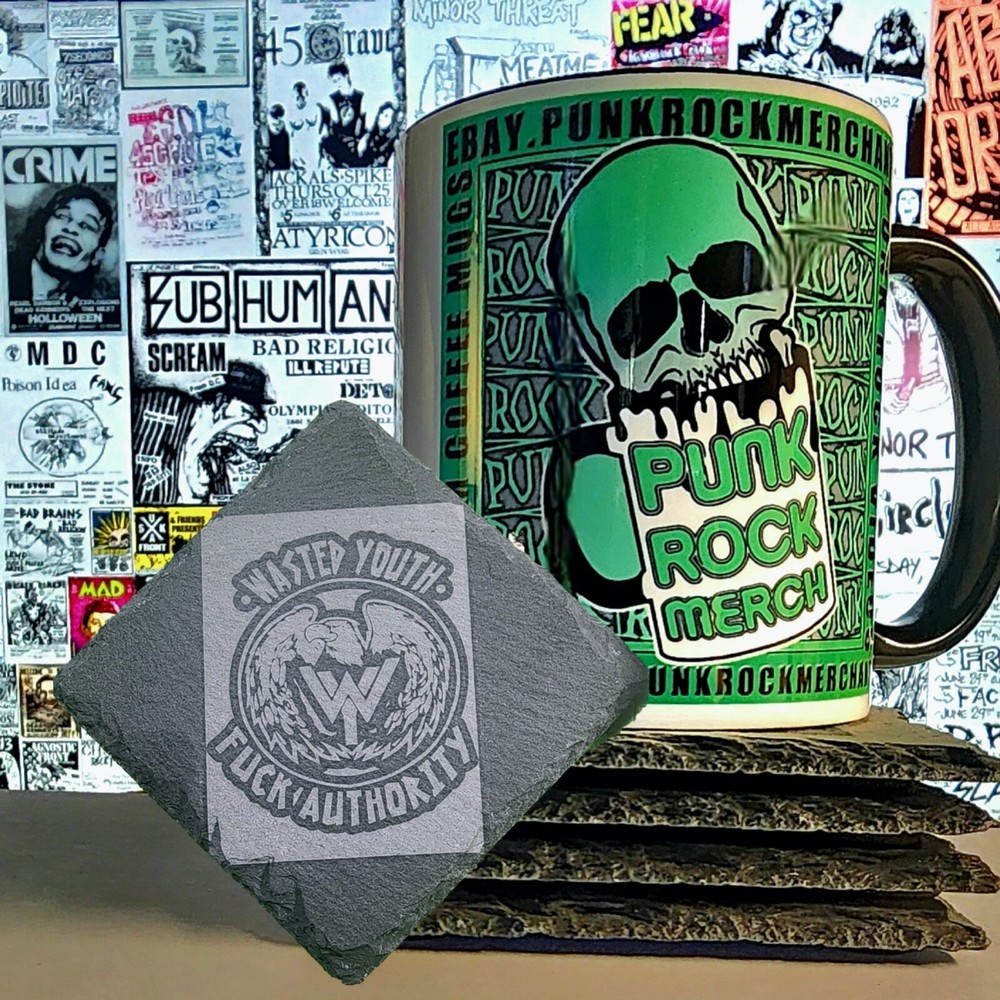 Wasted Youth F Authority Laser Engraved Slate Coaster Punk Rock Design