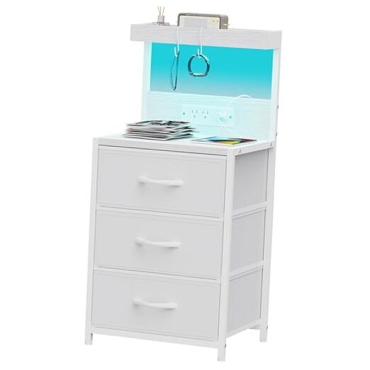 White 2-Tier Narrow Nightstand with USB Charging Station
