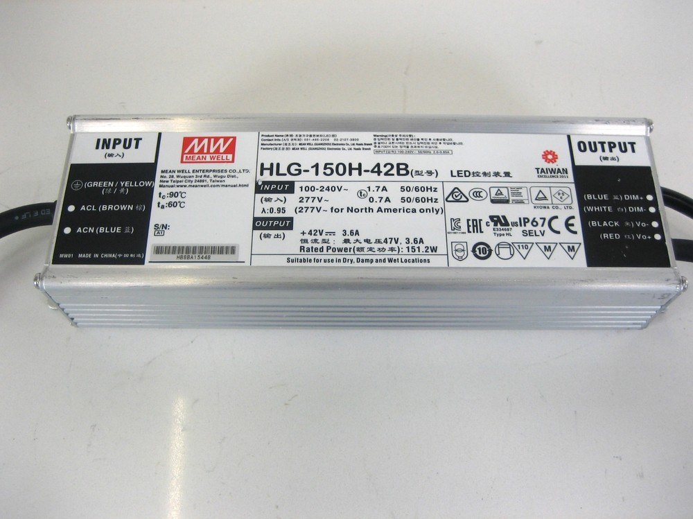 MEAN WELL HLG-150H-42B LED Driver, 151.2 W Constant Voltage, 90 V 90 Day Warr.